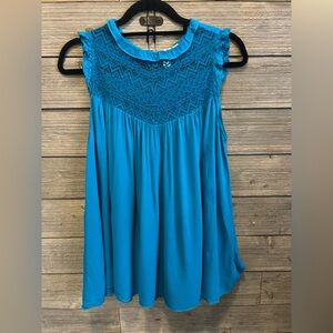 Women's Bright Blue Lace Yoke Flowy Sleeveless Top